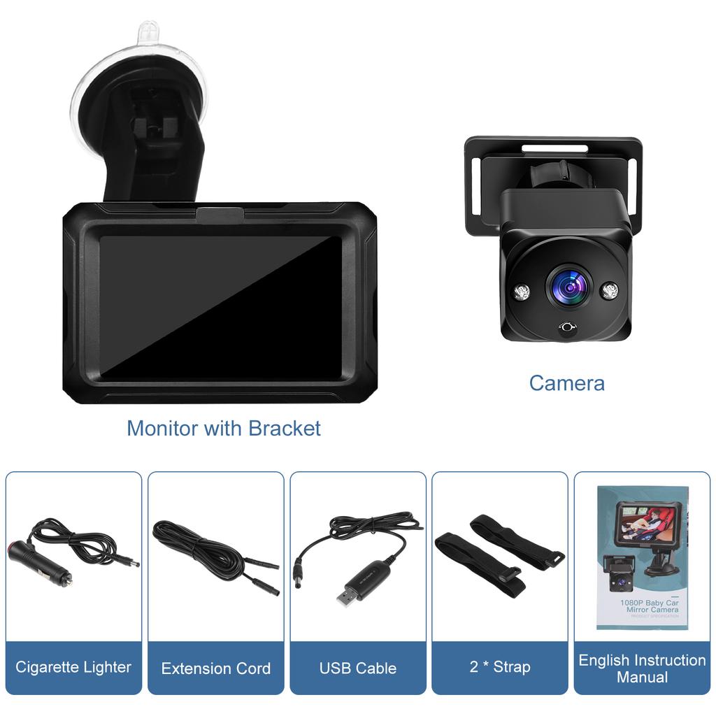 Baby Car Camera 4.3 Monitor, 1080P Rear Facing Backseat Camera with Night Vision, 360 Degrees Rotation, Wide View