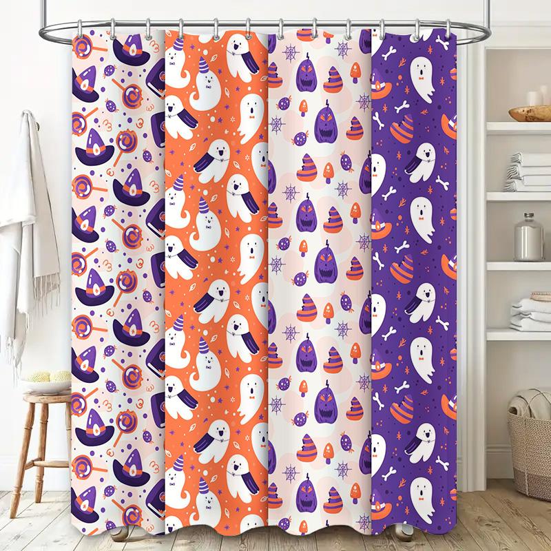 Halloween Shower Curtain Set Spooky Ghosts Goblins Printed Fabric Bath Liner for Bathroom Decorations Purple Orange White Colorf
