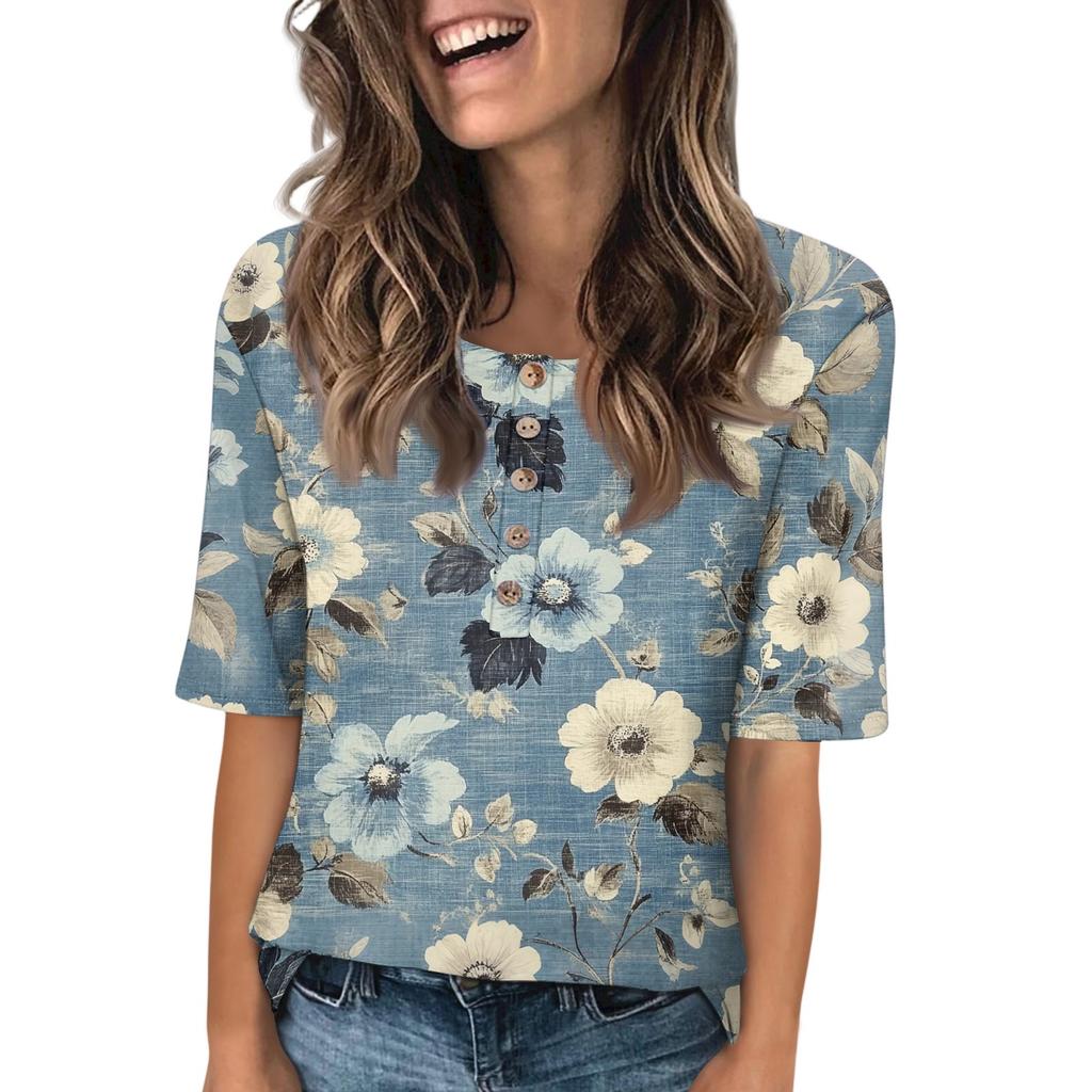 Dame Mote Trykket Rund Hals Knapp Halv Erm Løs Topp