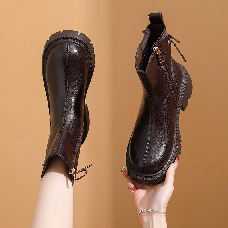 

Cowhide version thick-soled small man height-increasing Martin boots women s winter new side zipper short tube thin boots 40