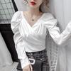 New Autumn Women's Design V-neck Bubble Temperament High-waisted Short Top