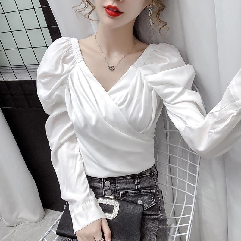 New Autumn Women's Design V-neck Bubble Temperament High-waisted Short Top