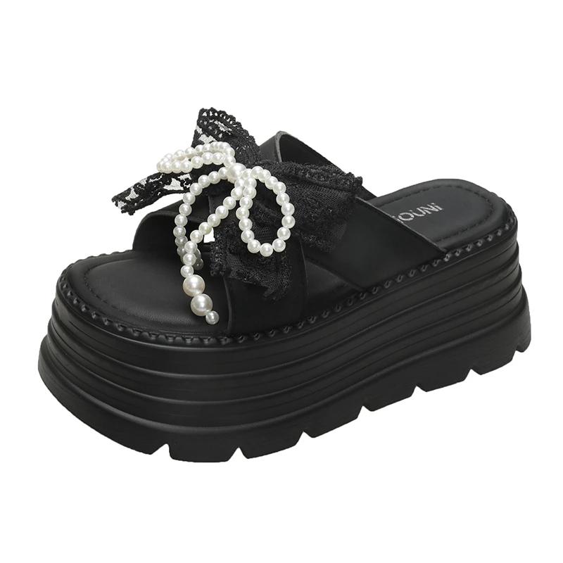 

Женские шлепанцы на высоком каблуке 8 см, летние уличные сандалии с бантом-бабочкой и цветком, удобная резиновая подошва, массивные пляжные шлепанцы 34 чёрный