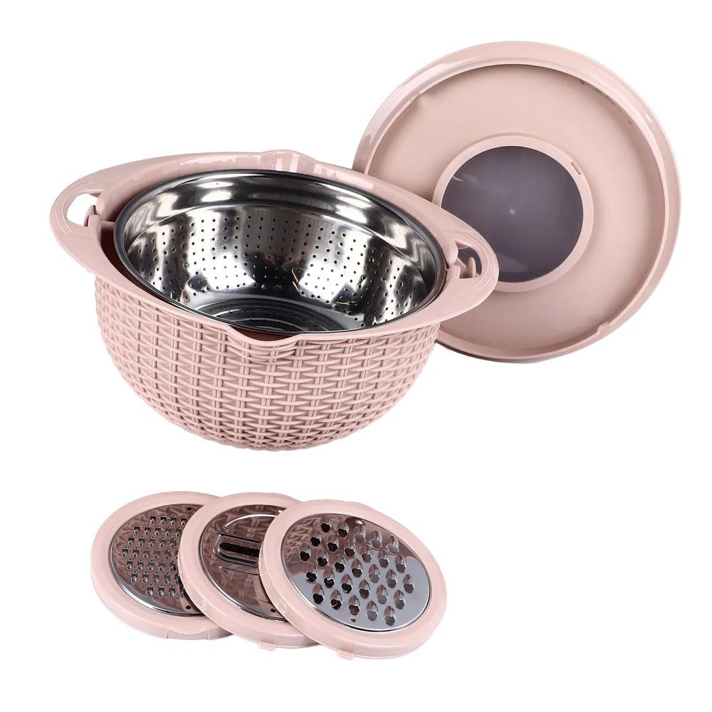 4 in 1 Food Strainers Bowl with 3 Grater Blades Colander Bowl Kitchen Drain Basket Fruit