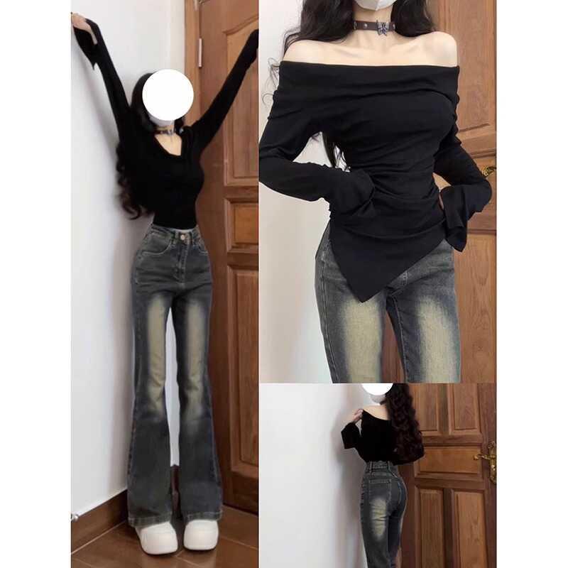 

Женский черный асимметричный топ с длинным рукавом и открытым плечом - Приталенный крой, Коллекция весна/осень 2025 S 70-95 kg чёрный