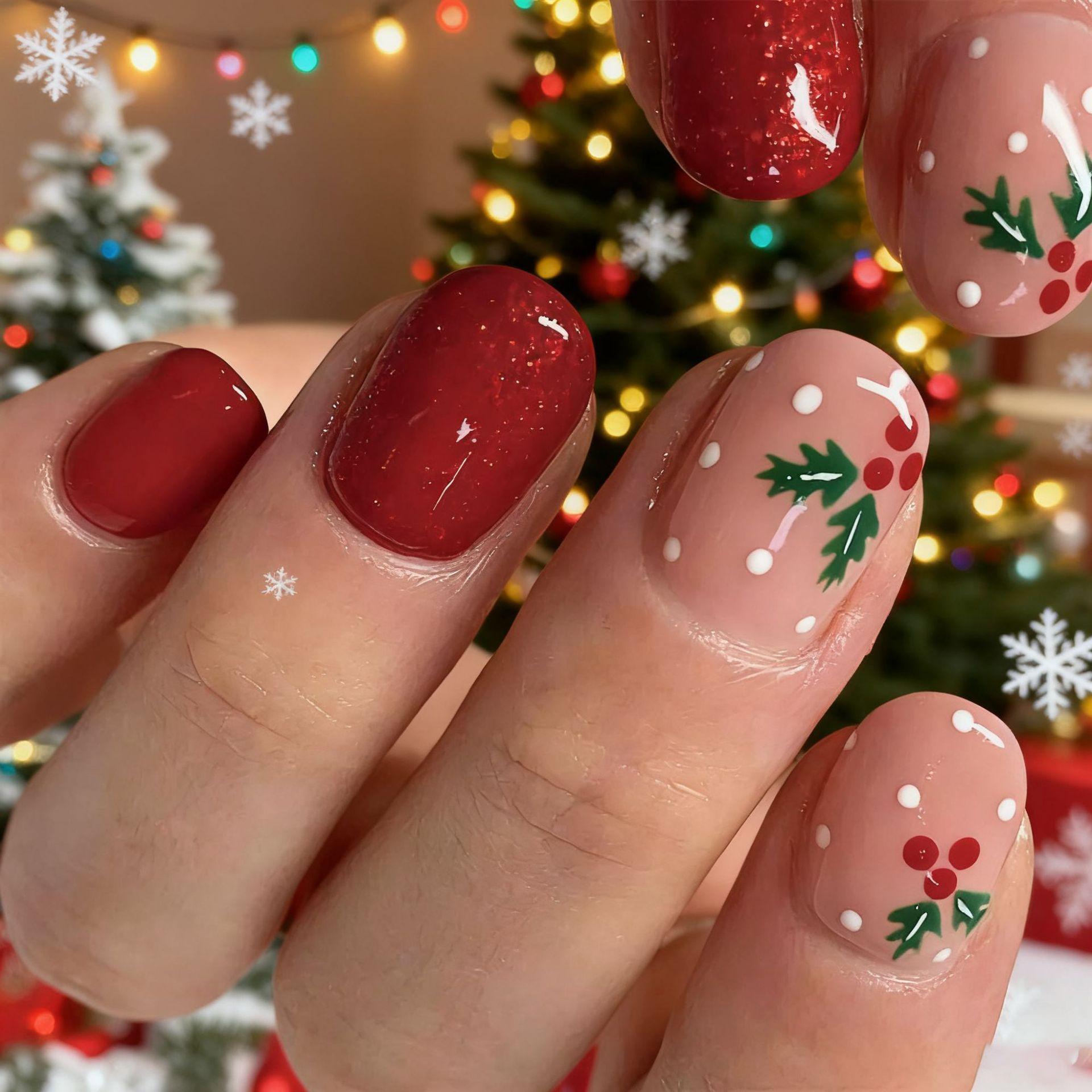 

Christmas Nail Art European and American Classic Fashion Christmas Red Berry Leaf Glitter Short Wear Nail Free jelly glue + rubbing strips