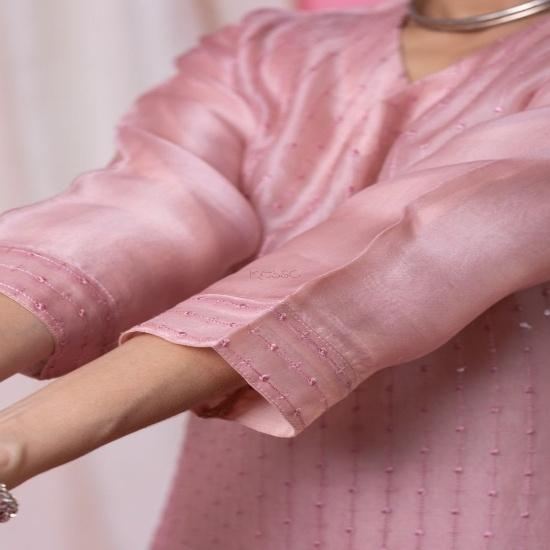 Blush Pink Silk Kurti Set with Kalamkari Floral Printed Organza Dupatta