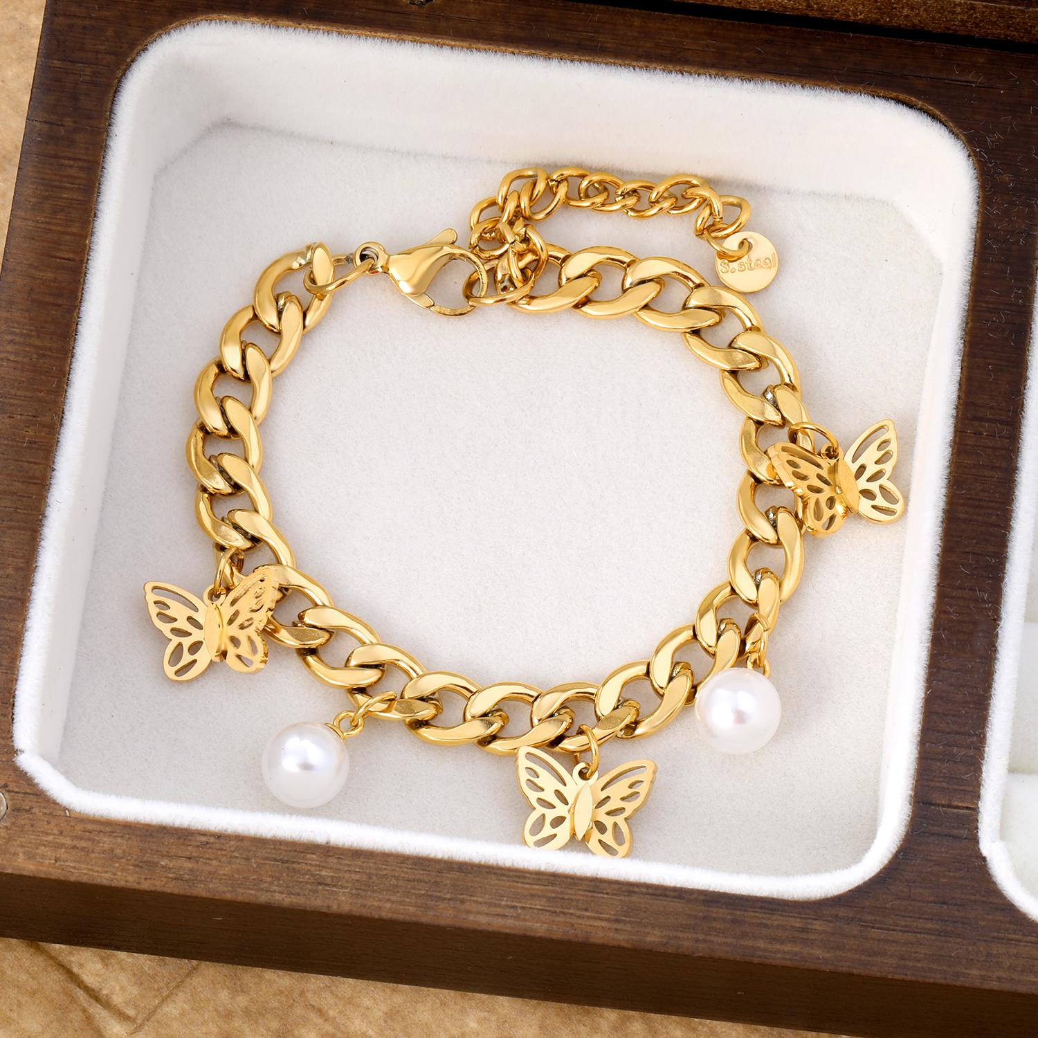 

Vintage Butterfly Charms Link Chain Bracelets Gold Plated 18K Fake Pearl Pendant Fashion Woman Steel Party Wrist Jewelry Gifts