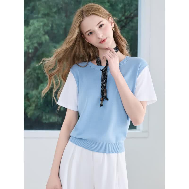 Baitu Women's Faux Two-Piece Short Sleeve Knit Top