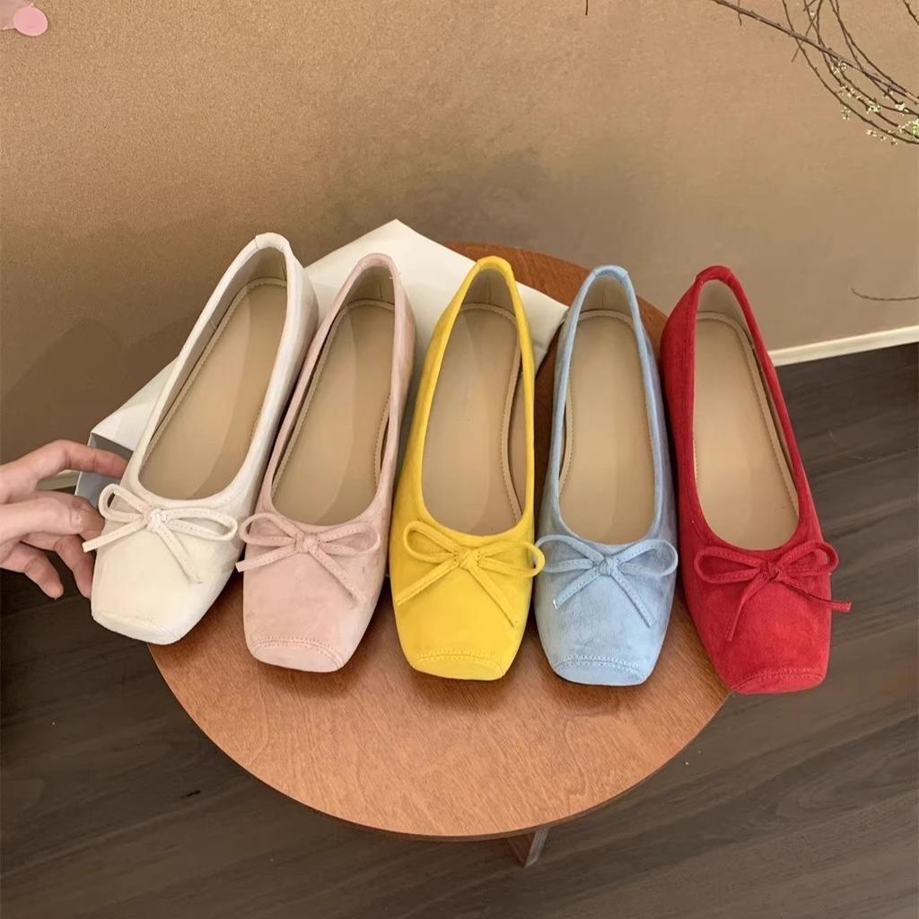 Retro ballet flat bottom red light mouth single shoes women's new suede gentle soft sole Doudou shoes one pedal ladyshoes