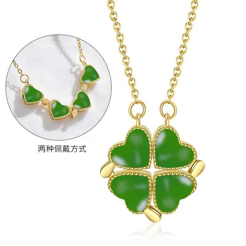 Captivating Titanium Steel Four Leaf Clover Heart Necklace Enhanced With Gold For A Dazzling Look
