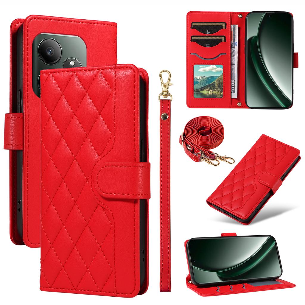 For Realme GT 6 5G Case Wallet Rhombus Leather Phone Cover with Shoulder Strap,Wrist Strap