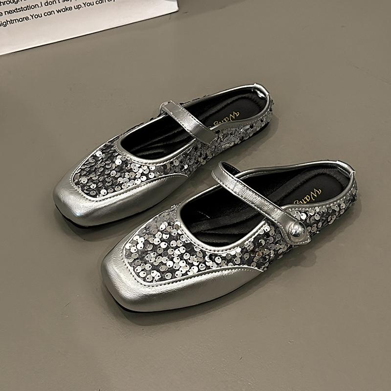Spring New Style Flat Shoes Women's Square Head Shallow Mouth Glitter Set Foot Soft Sole Anti-slip Wear-resistant Slippers