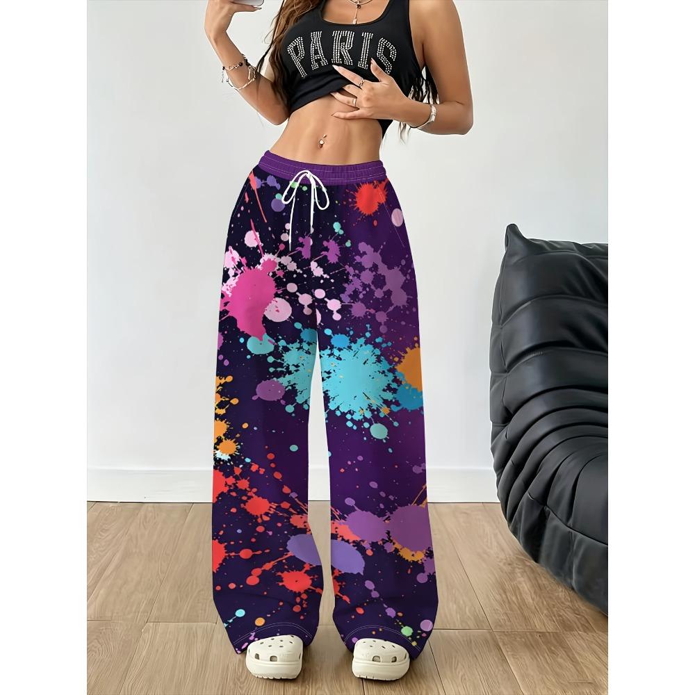 Women's Wide Leg Pants, Purple Bottom and Multi-Colour Inkjet Print - Lightweight Breathable Straight Pants, Drawstring Waist