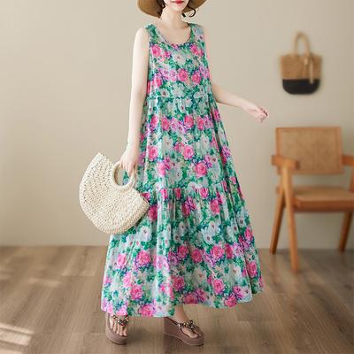 DIMANAF Plus Size Dress Summer Women Vintage Linen Elegant Style Sleeveless Floral Loose New Long Dress 8021