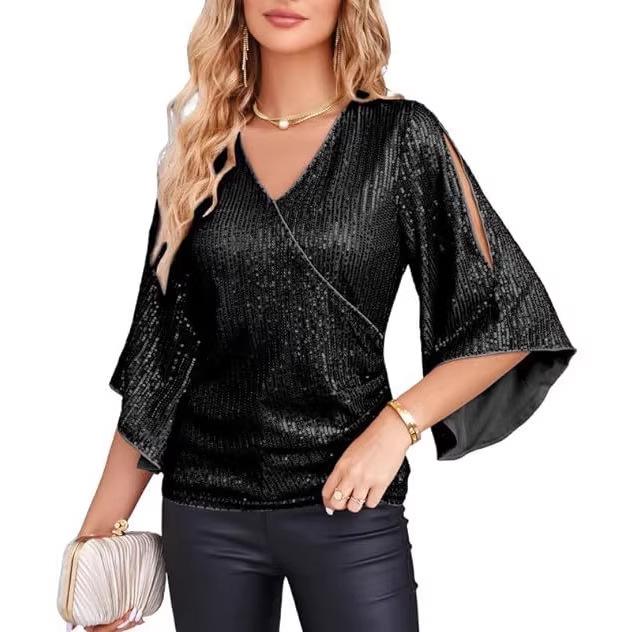 Women's Loose V-neck Sequin Flare Sleeve Top - Trendy Casual Vacation T-shirt