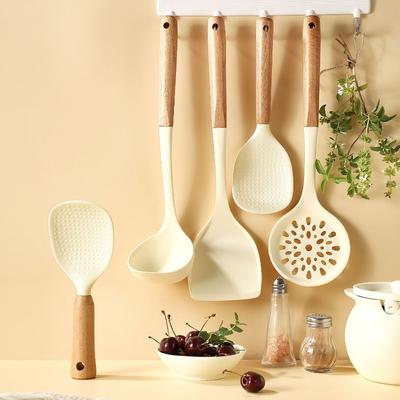Silikon Küchenwerkzeuge Holzgriff Küchengeschirr Set Antihaft Topf Holzgriff Silikon Schöpfkelle Küchenutensilien Set