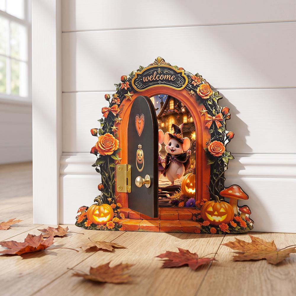 Halloween Fairy Tale Style Pumpkin Rose Mouse Hole Double-layer Wooden Board Home Wall Decoration Item Hanger Ornament