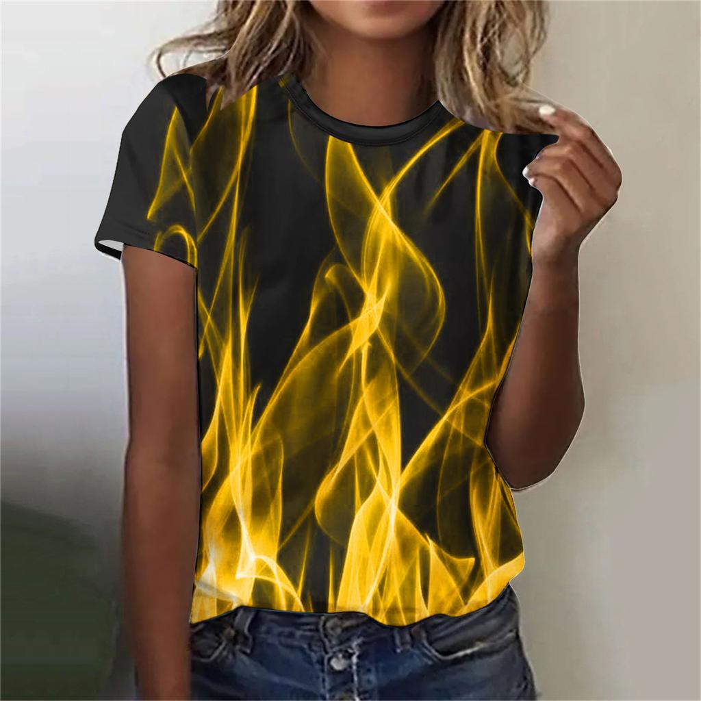 Summer Round Neck 3D Print Flame Pattern Top Fashionable Casual Short Sleeved Women's T-shirts