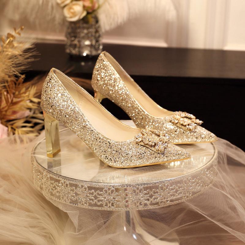 Fashion Luxury Pointed Toe Bling Rhinestone Women Pumps Champagne Colors Shallow 6/8CM High Heels Bridesmaid Wedding Shoes