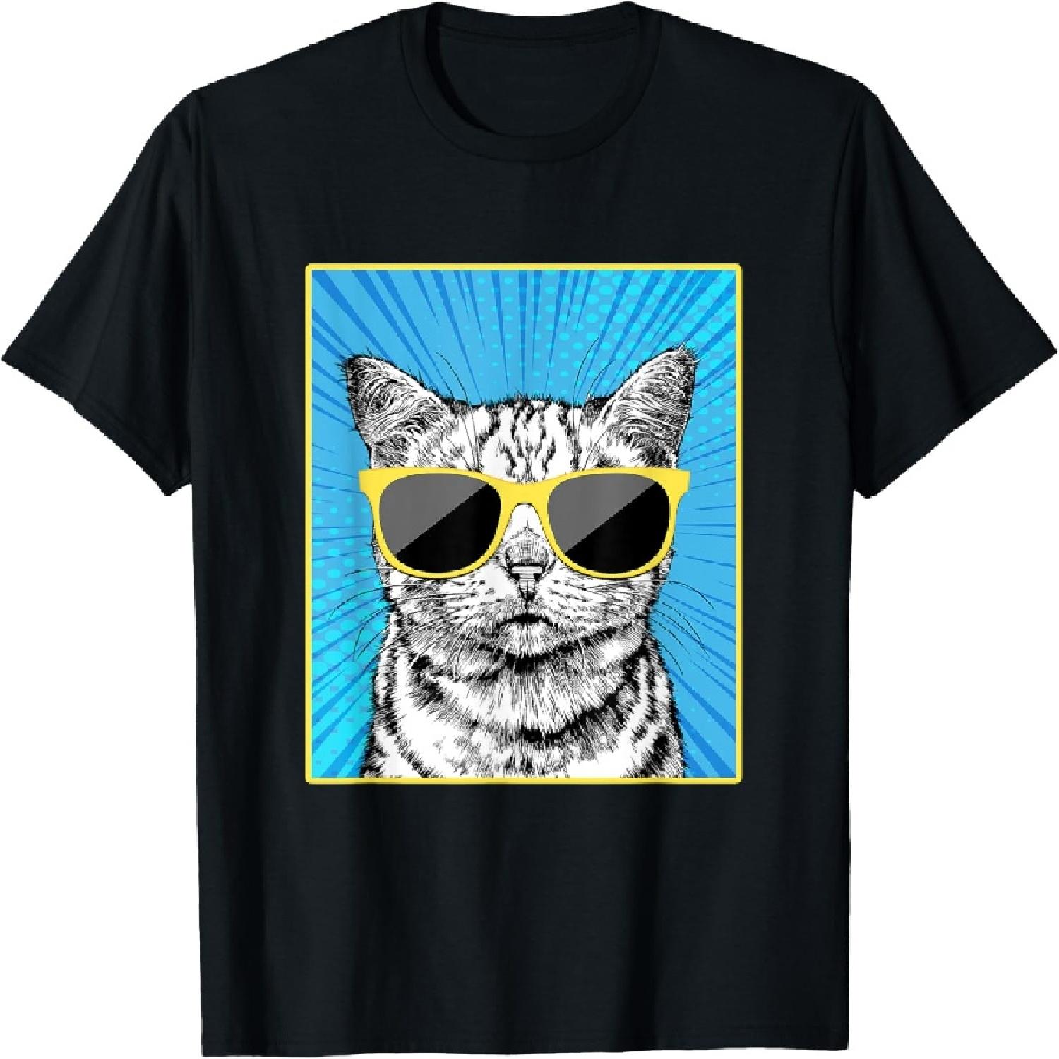 Tabby Cat Portrait Pop Art Cat with Sunglasses T-Shirt for Men Women Kids S