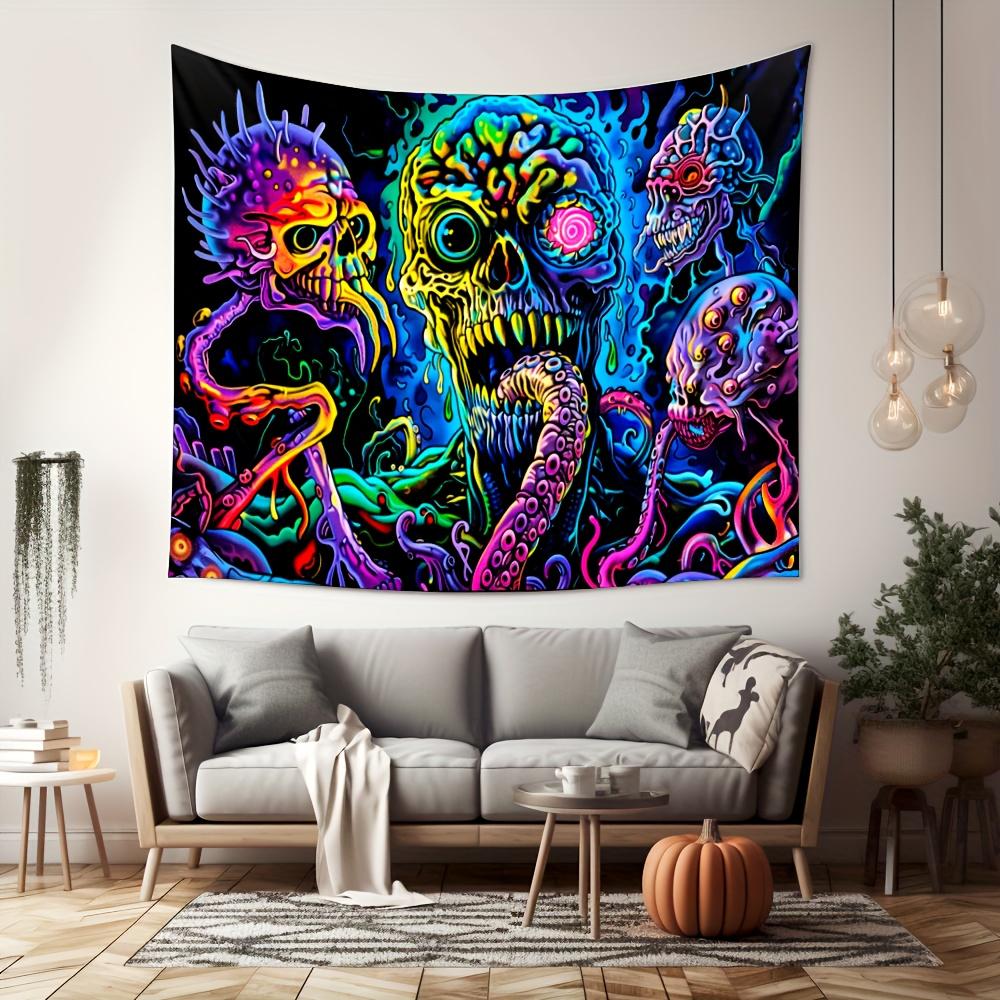 Halloween Gothic Wall Tapestry Colorful Psychedelic Cthulhu Octopus Skeleton Rainbow Tentacle Grotesque Horror Cloth