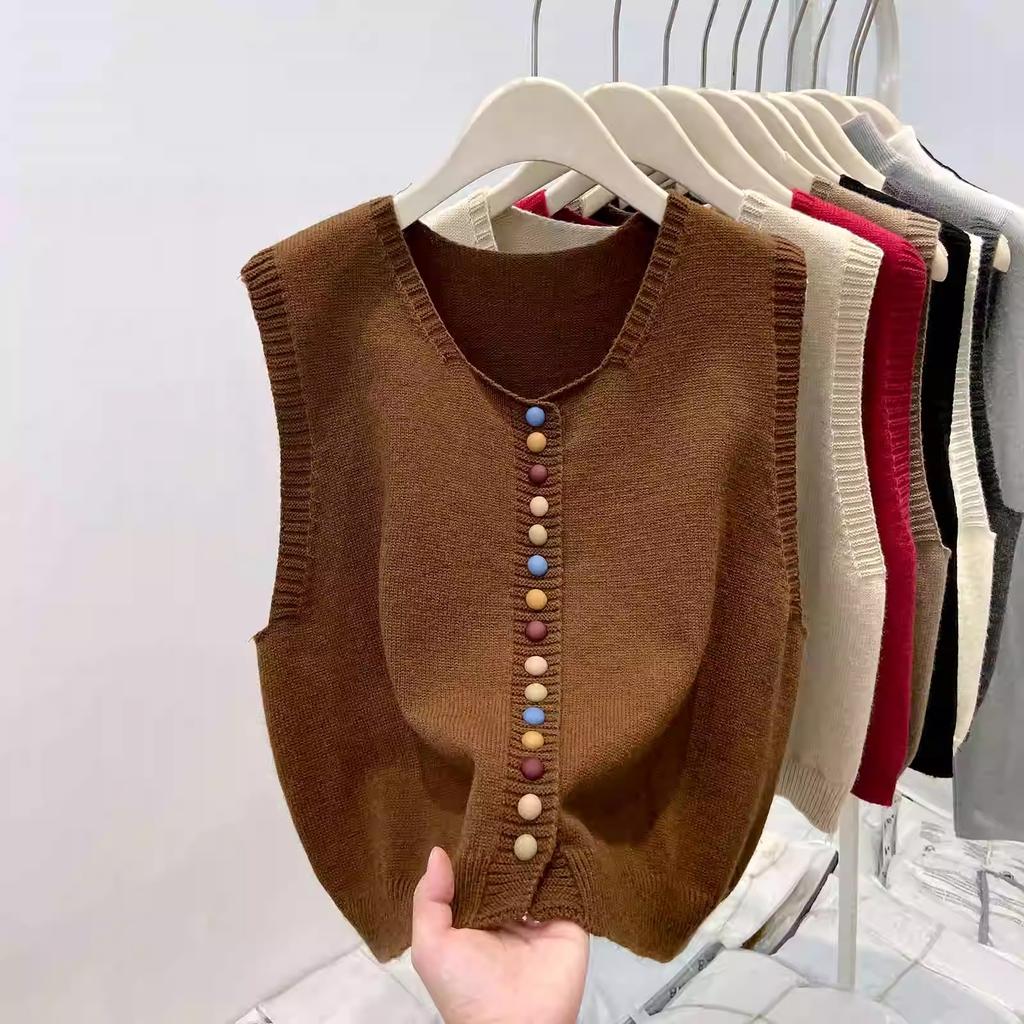 Fashion Elegant Loose Sleeveless Knitted Cardigan Sweater Vest Women 2025 Autumn Winter Casual Buttons Waistcoat Simple Solid Color Tops Clothing