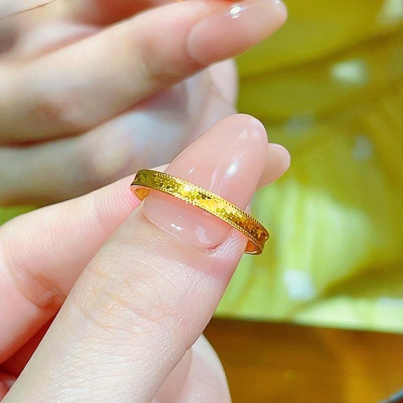 Women's Gold Starry Crushed Ice Ring - Thin Plain Band