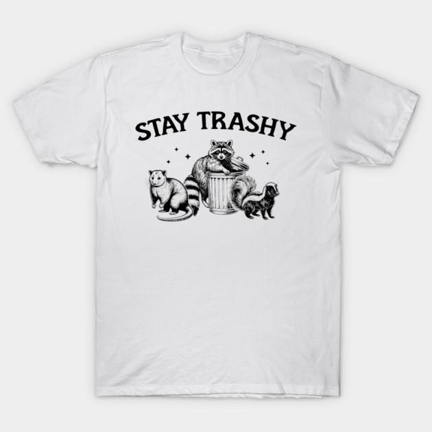 Asian Size Men Black Print T-shirt Stay Trashy Raccoon Vintage Raccoon Lovers No-Cut Print Cotton Tshirt S белый