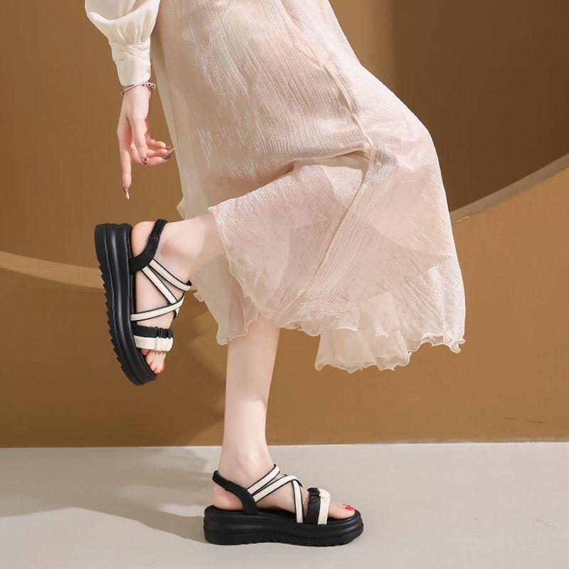 Platform Woven Sandals Slimming Versatile, Breathable Non-slip Women's Shoes Casual Wear, Elastic Band Beach Shoes