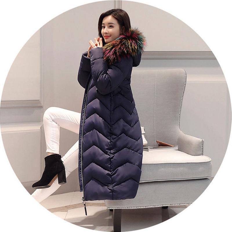 Woman Winter Down Cotton Parka Jacket Coat Outwear Long Hooded Fur Collar Zipper Pocket Loose Diamond Pattern Warm Solid Color