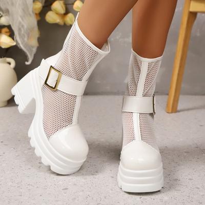 Fashion Back Zip Platform Square Heel Sandals Summer New Round Toe Paneled Mesh Metal Buckle Non-Slip Shorthole Boots