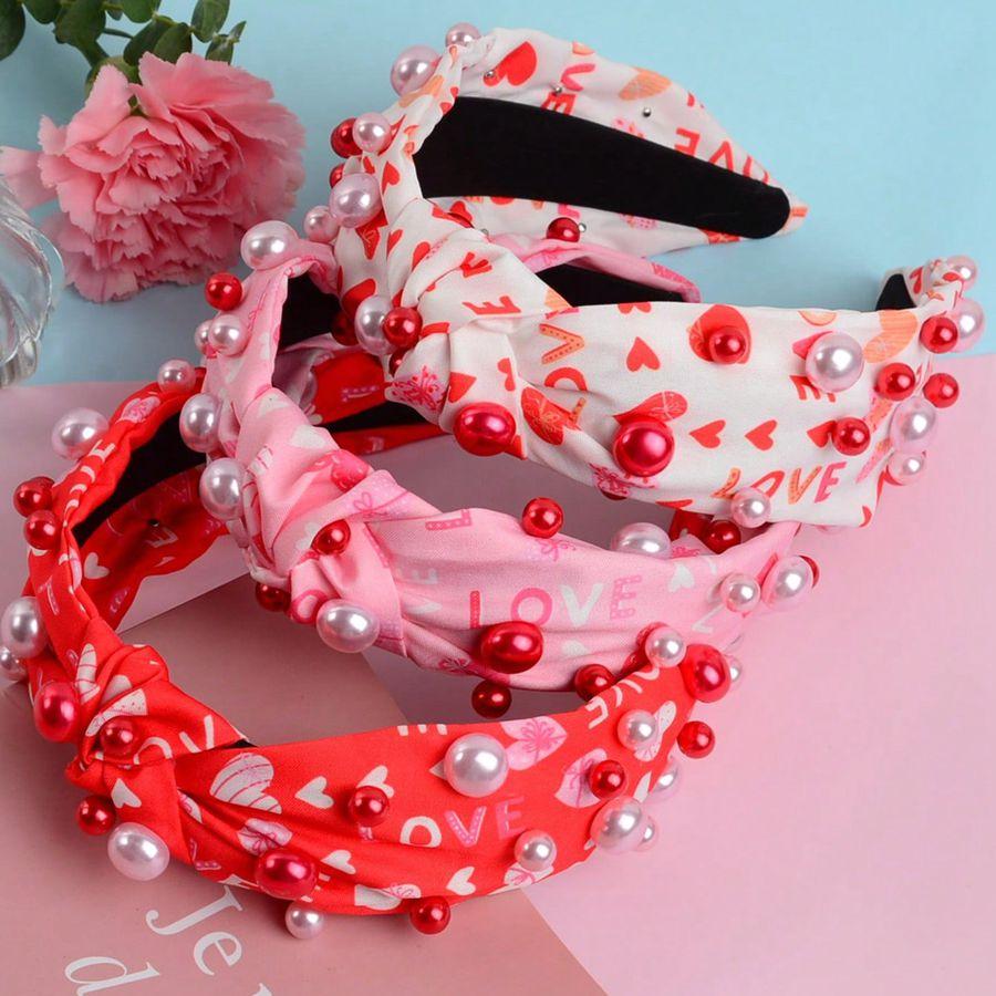 Red Pearl Fabric Headband Valentine's Day Party Gift Love Letter Heart Hair Accessories Women's Headband