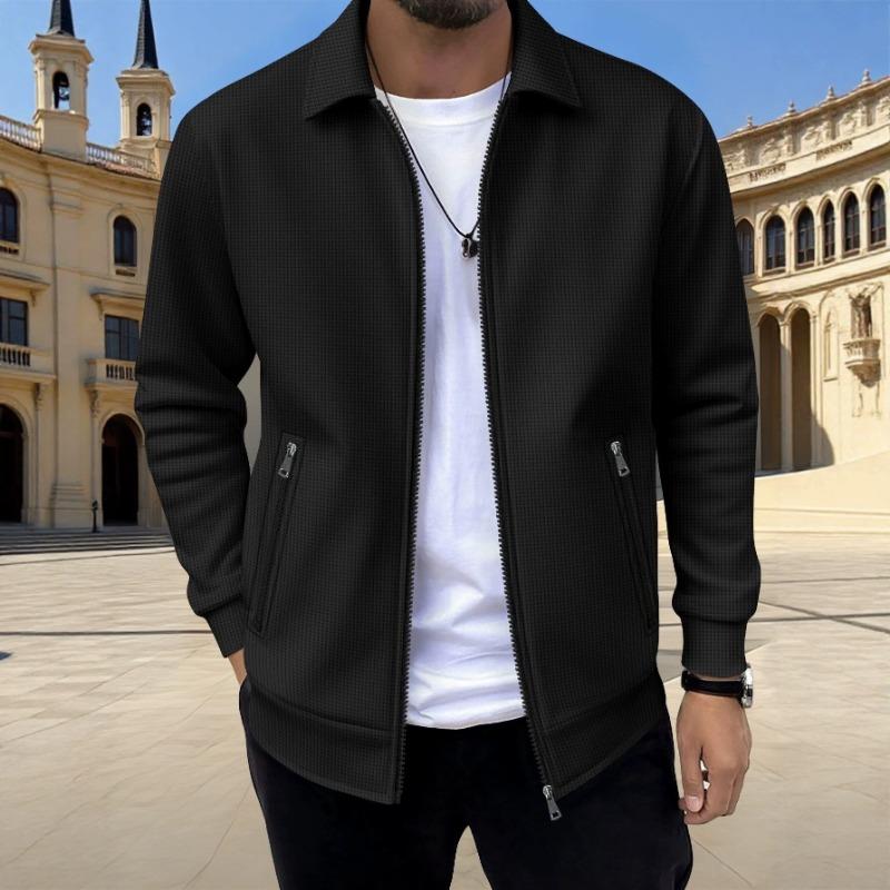 Men S Waffle Solid Color Lapel Zip Up Jacket