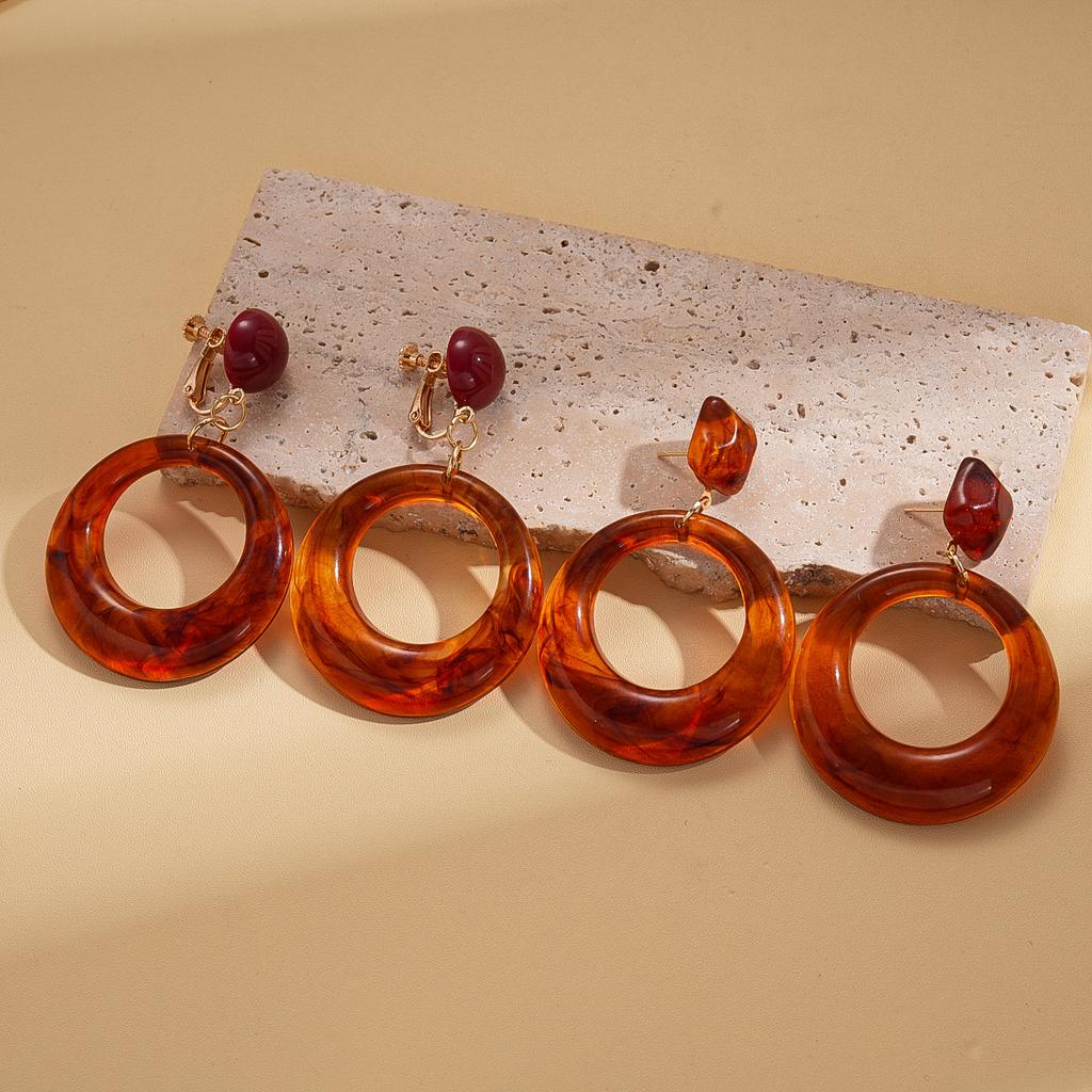 Wind Resin Hollow Geometric Round Silver Needle Earrings Maillard Autumn and Winter Earrings