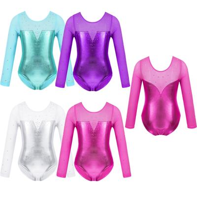Barn Flickor En Del Tüll Långärmad Glittrig Strass Metallisk Balett Dans Gymnastik Dräkt Jumpsuit