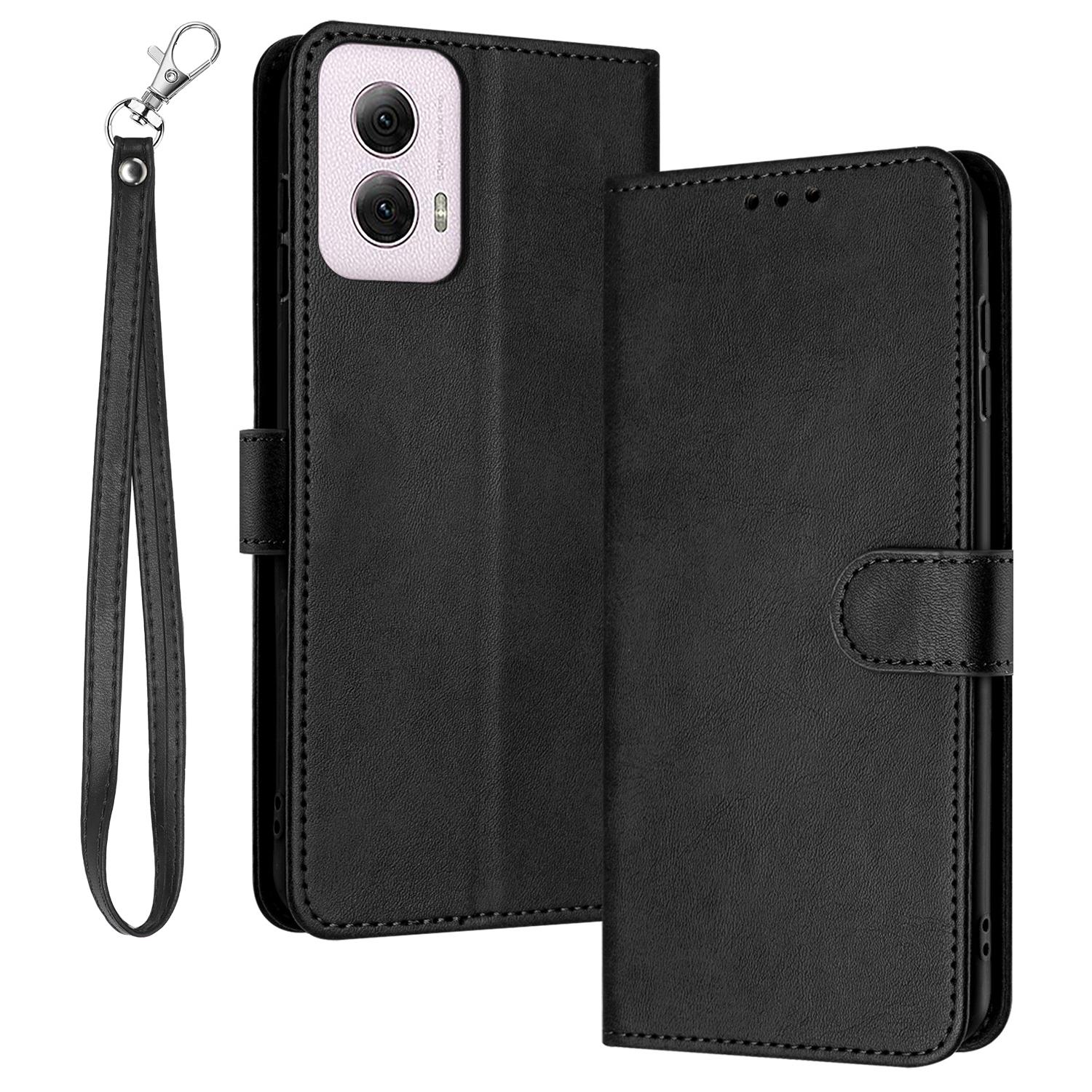 

For Motorola Moto E14 4G/G04 4G/G04s 4G/G24 4G Shockproof Wallet Case Calf Texture Phone Cover with Strap Black