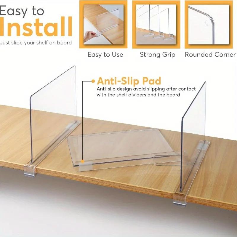 2pcs Clear Plastic Closet Organizer Dividers, Transparent Storage Shelf for Home Wardrobe, Independent Installation