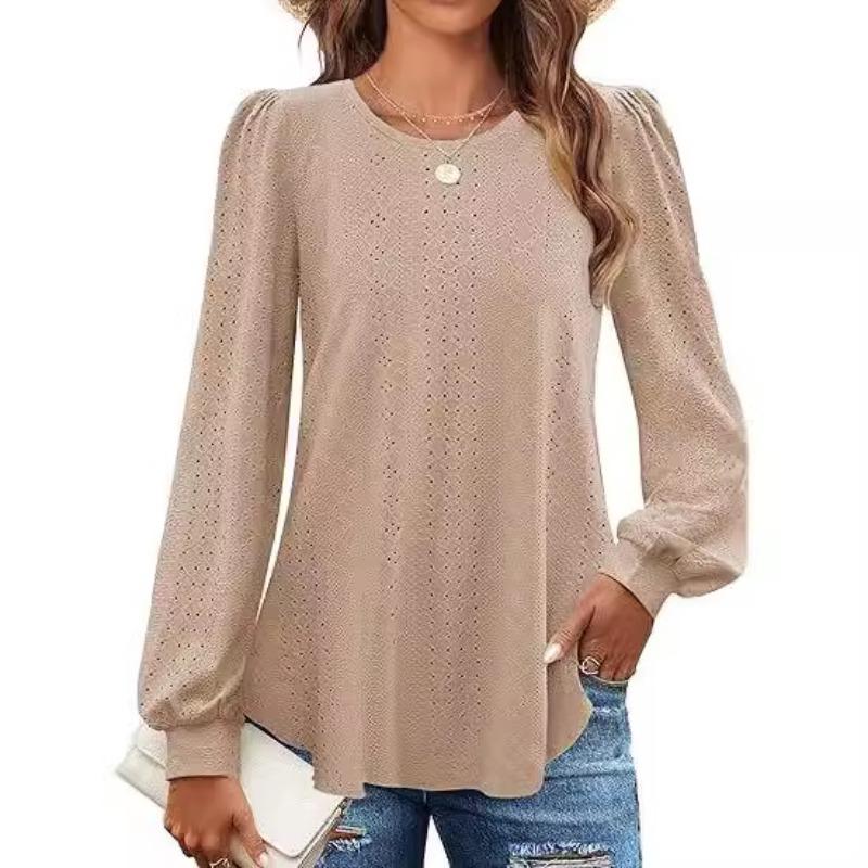 Women's Blouse Round Neck Small Eyelet Bubble Sleeve Long Sleeve Top