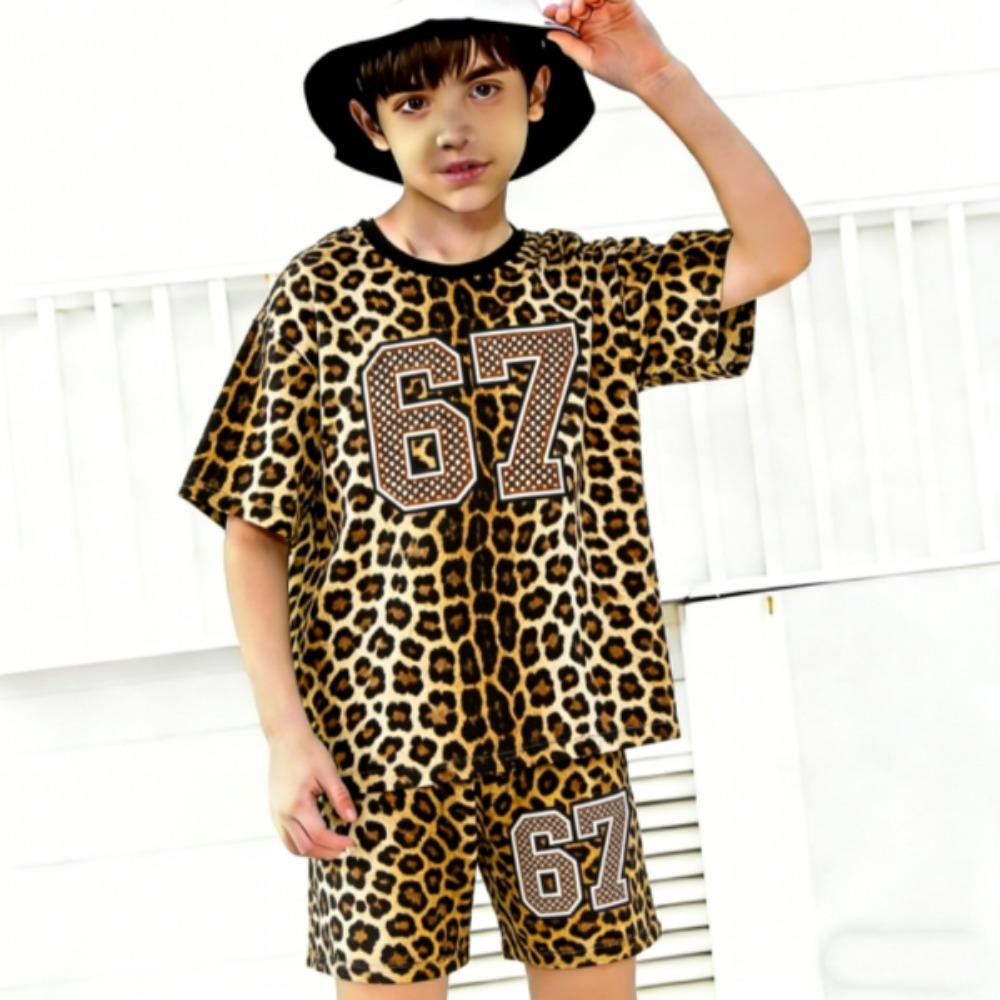 Number 67 Leopard Colored Printed Kids T-shirt and Shorts 2 Piece Set Summer Casual Outfit for Boys and Girls Kids Clothing Top