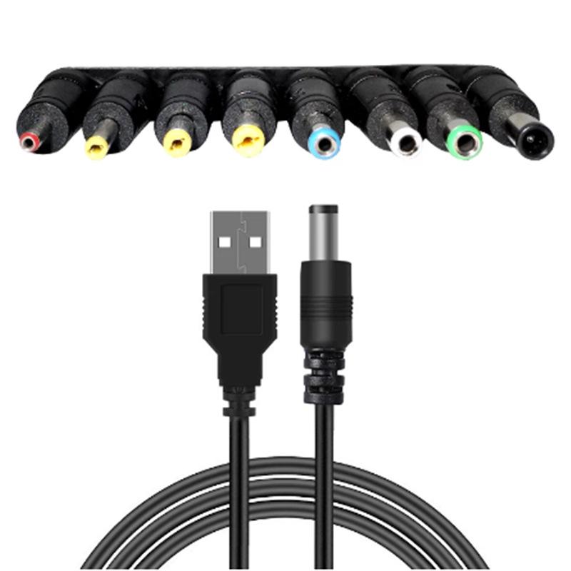 Universal USB To DC 5.5*2.1mm Power Cable 9V Charging Cord With 8 Interchangeable Connectors For CCTV Camera TV Box Router Speak