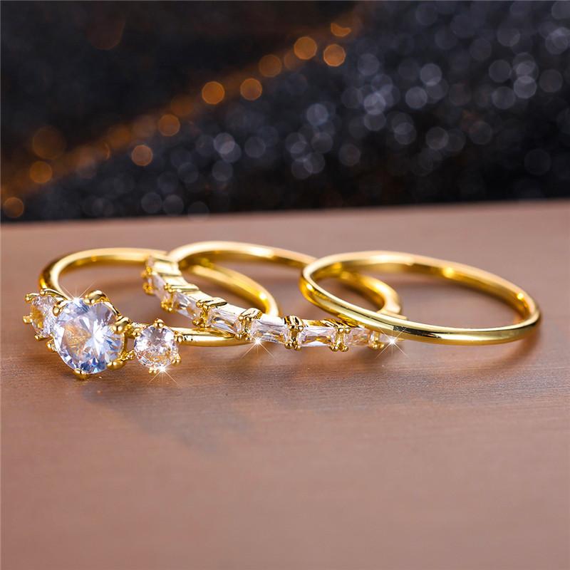 Female White Round Zircon Stone Ring Set Trendy Yellow Gold Color Engagement Cute Bride Wedding  Gift For Women