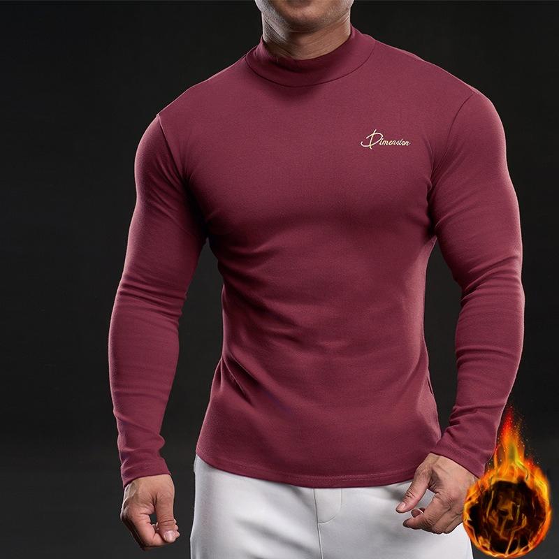 Men's Autumn and Winter Velvet Warm Solid Color Long-sleeved T-shirt Knitted Base Shirt Slim Half-high Neck Top
