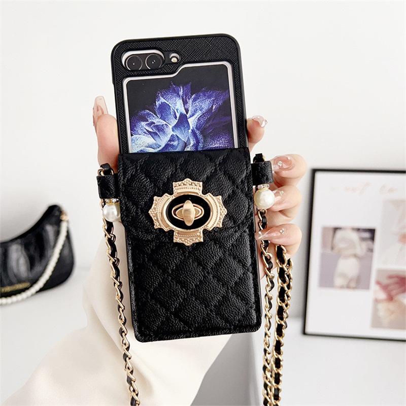 For Samsung Zflip5 Lock Flower Wallet Phone Case P50pocket Crossbody Rope Chain Folding Flip