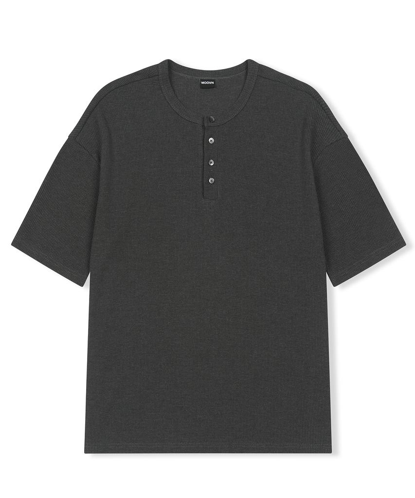 Mubeun Henley Neck Waffle Short Sleeve T-Shirt Charcoal