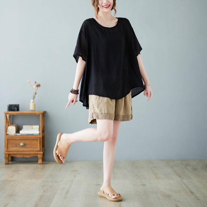 2022 Summer Plus Size Cotton Linen Casual Loose Slimming Short Sleeve T-Shirt for Women