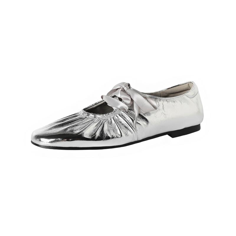 

Fashion Women s new leather, cowhide, sheepskin, soft lace up, low heel, round toe belt buckle, French Mary Jane ballet single shoe 250 серебряный