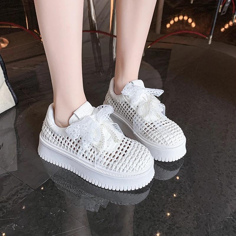 Shoes for Women 2025 New Summer Hollow Out Thick Bottom Women Sneakers Casual Breathable Solid Lace Up Women's Vulcanize Shoes