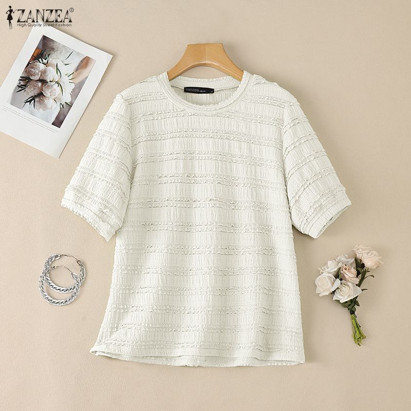 ZANZEA Women Casual Round Neck Solid Color Loose Short Sleeve Blouse