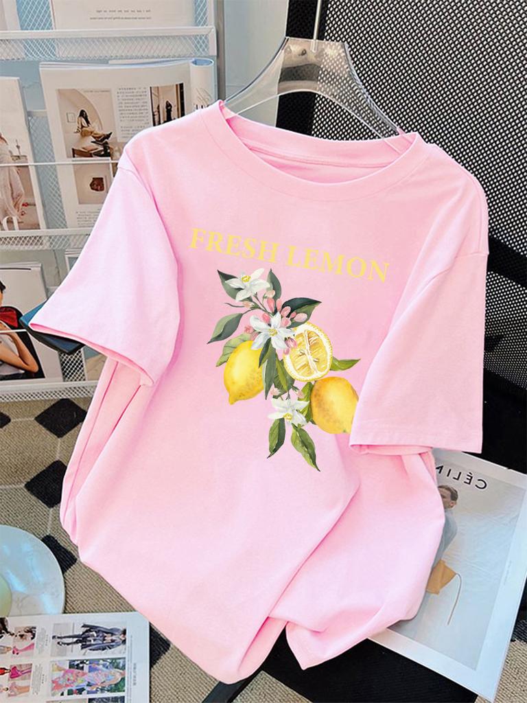 100 Cotton Summer TShirts Womens Fresh Lemon Flowers Printing Tops Comfortable Soft ONeck Short Sleeve Casual Womans Clothes